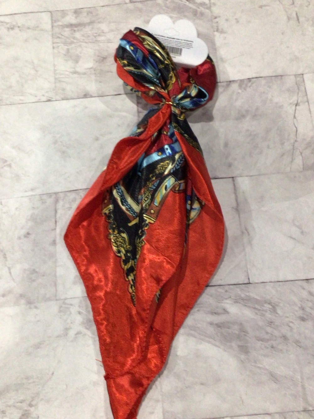 Red Patterned Silky Neck Scarf, hair scarf or bag scarf